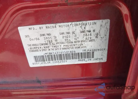 2006 Mazda Mazda3 S from USA, damaged, VIN JM1BK143161521826